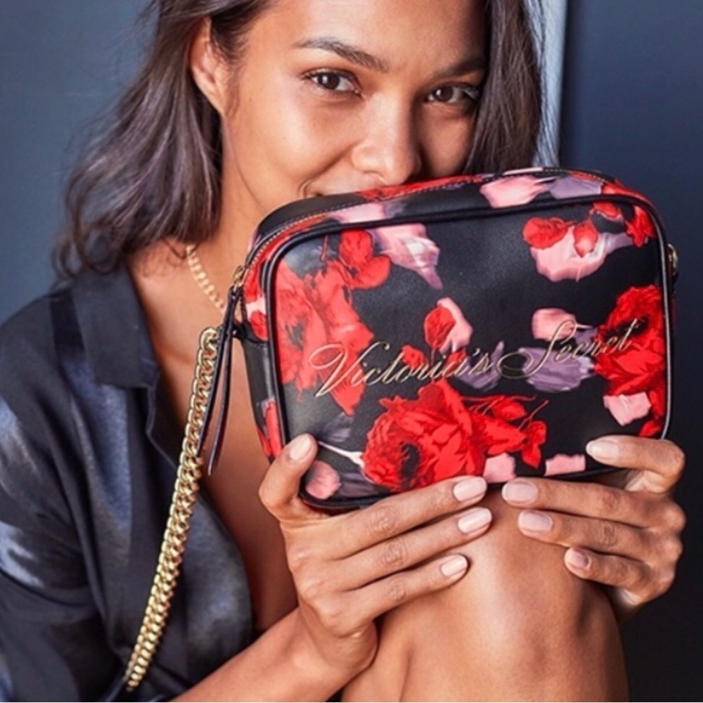 Victorias Secret Red & Black Rose Floral Print Chain Strap Crossbody Bag Purse